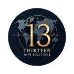 Logo of Thirteen Hire Solutions showing the number 13 over a world map