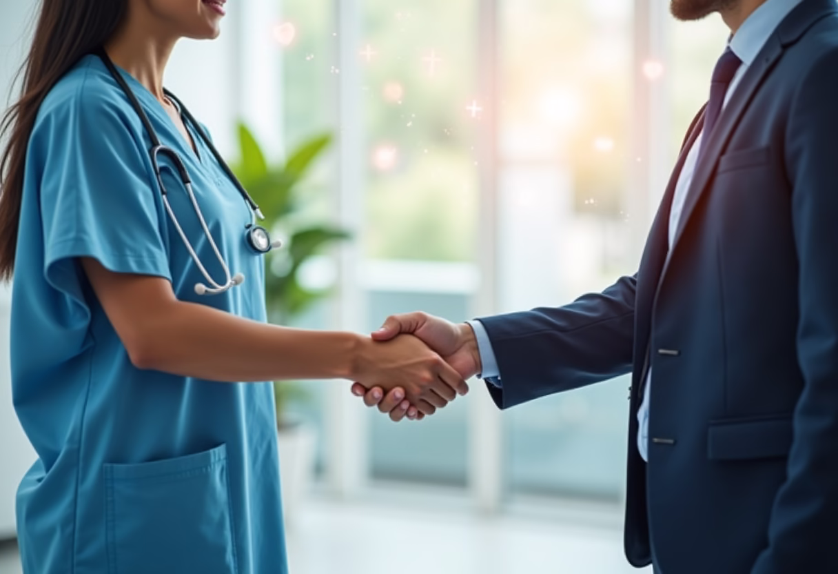 Partnership handshake between healthcare professional and consultant