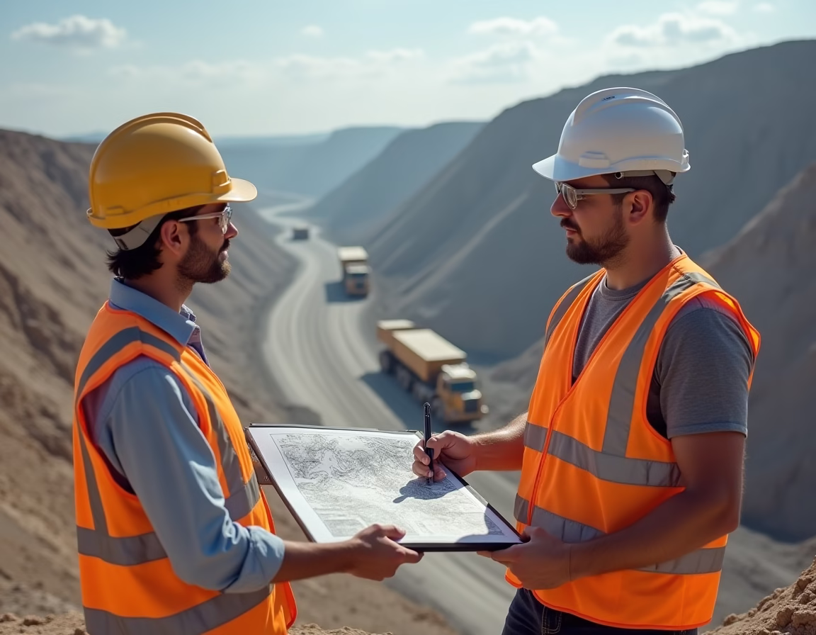 Engineer and geologist reviewing a mine plan on site