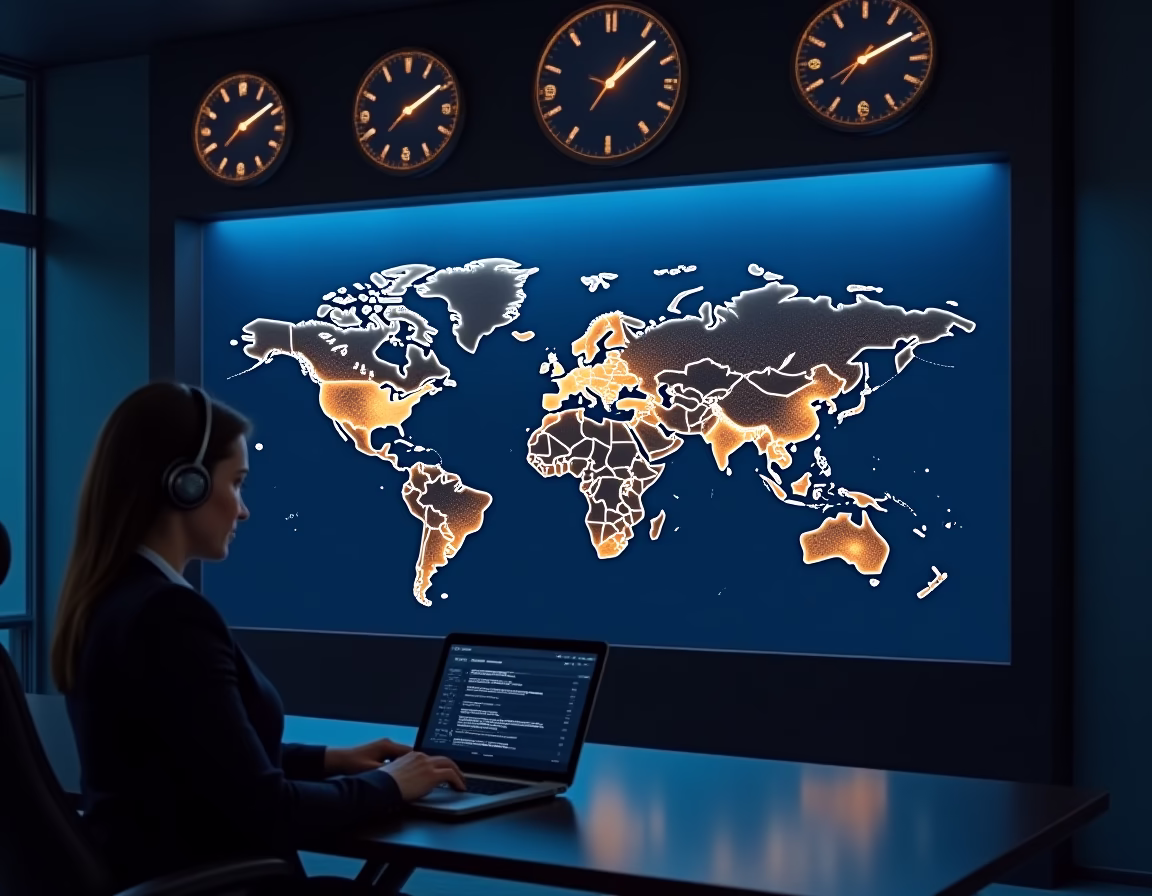 Operations office with global mining time zones and regions