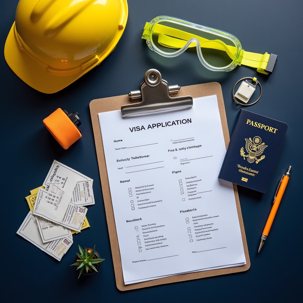 Safety gear, documents, passport and tickets arranged neatly on a desk