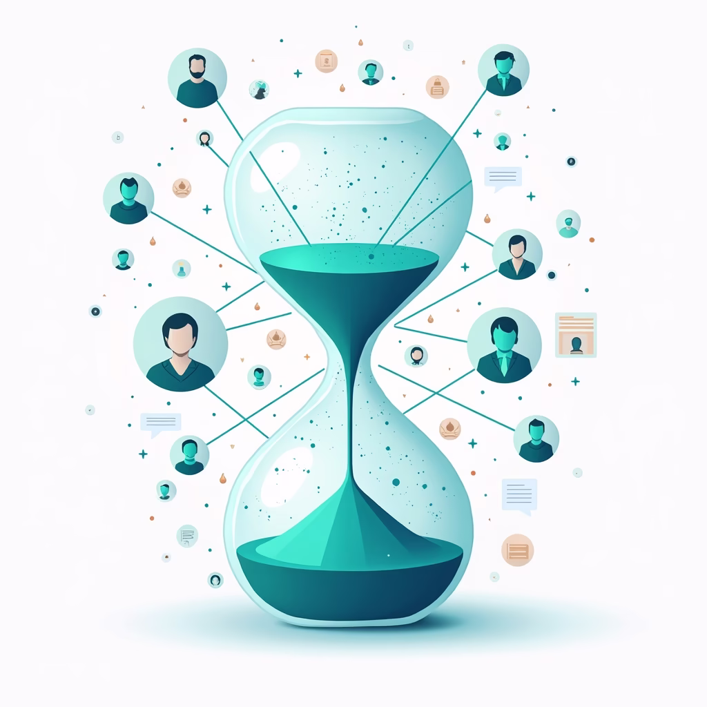 Abstract hourglass with connected candidate profiles, symbolizing time saved for recruitment consultants.