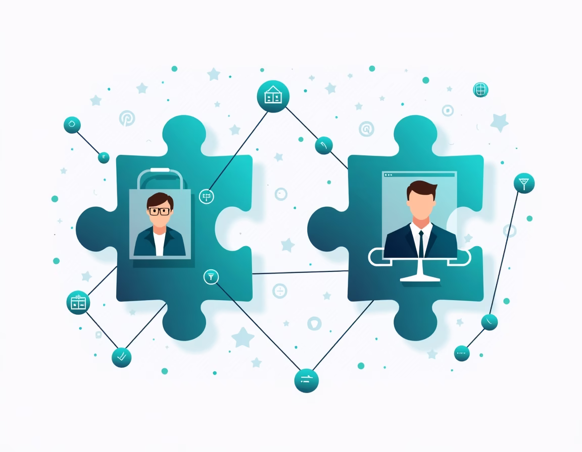 Abstract puzzle pieces with professional profiles connected by network nodes, representing partnership.